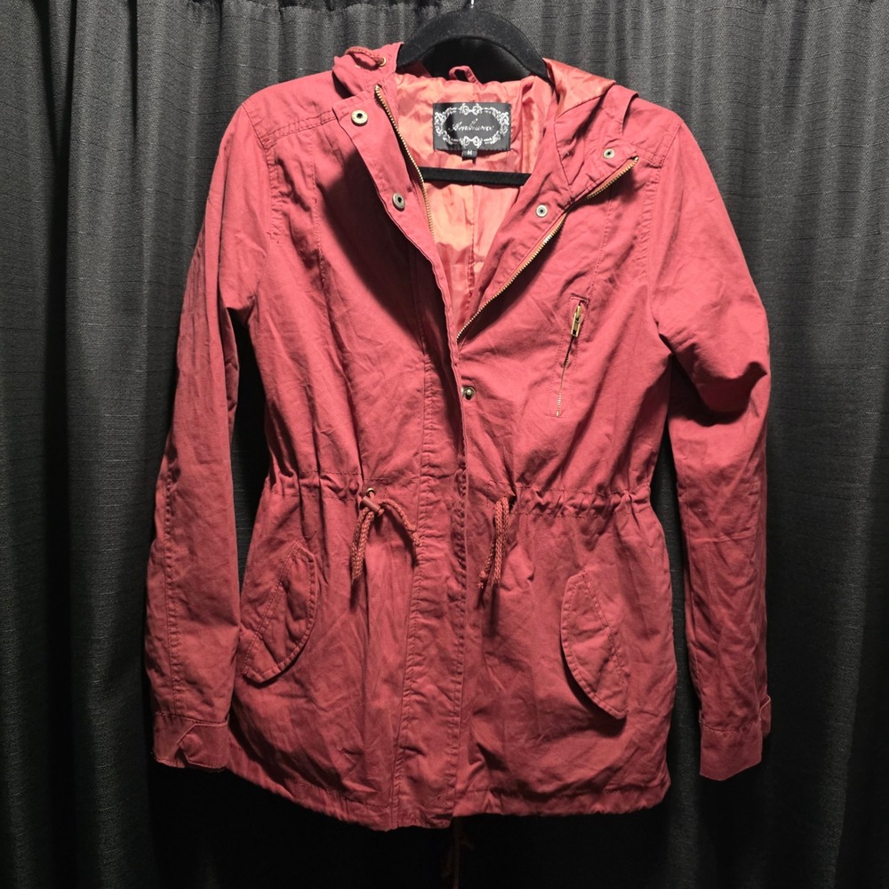 Ambiance Womens Utility Anorak Jacket Rust Red Hooded Drawstring Waist‎ Medium